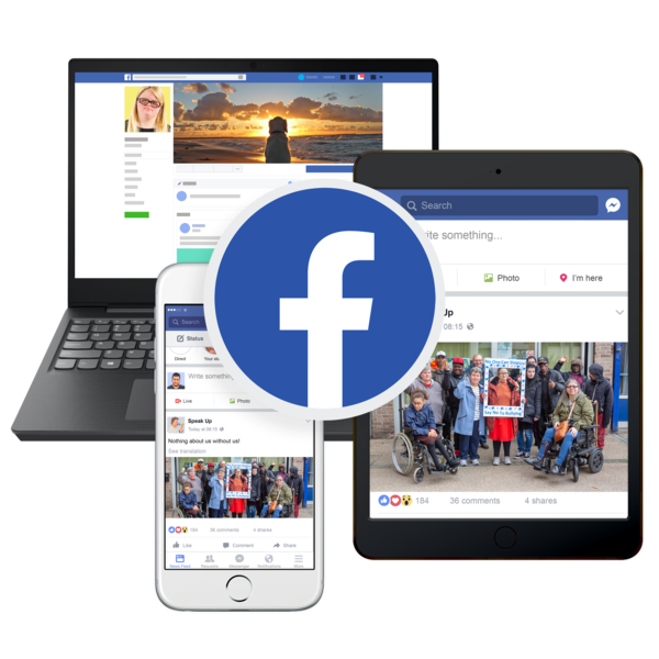 A laptop, phone and tablet showing facebook pages.