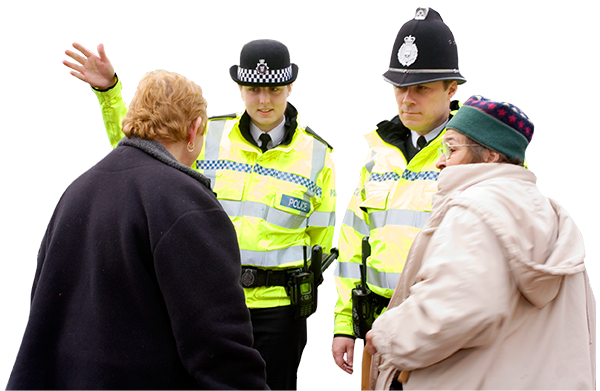 People talking to police officers.