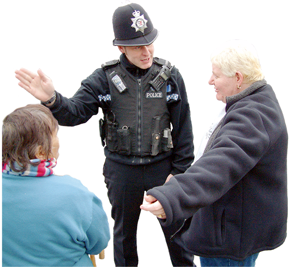 People talking to a police officer