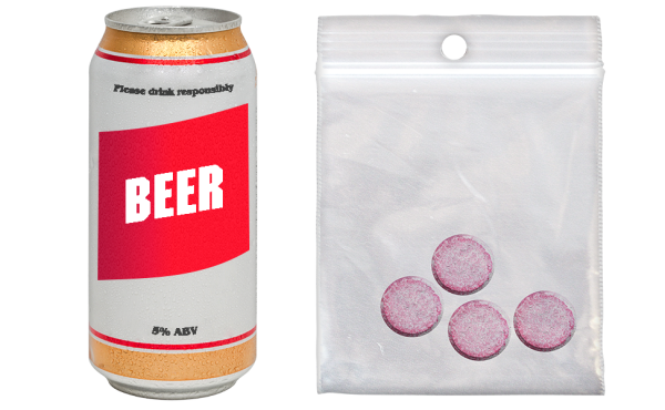Can of beer and bag of drugs
