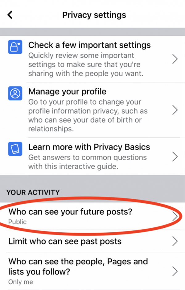 Screenshot showing facebook privacy settings.