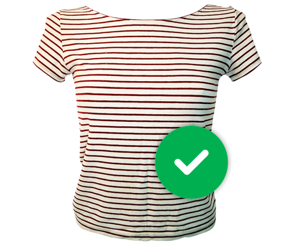 Striped top with green tick.