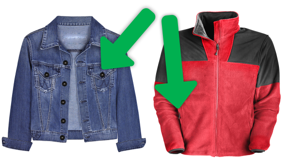 Two jackets with arrows pointing to pockets