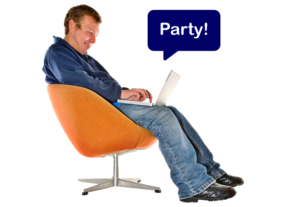 Person on a computer with a speech bubble that says Party!