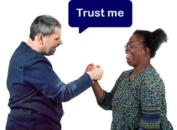 Two people shaking hands with a speech bubble that says Trust me.