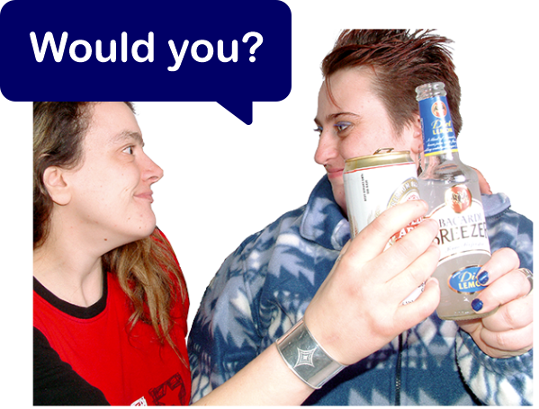 Two people drinking and looking at each other, with a speech bubble that says would you?
